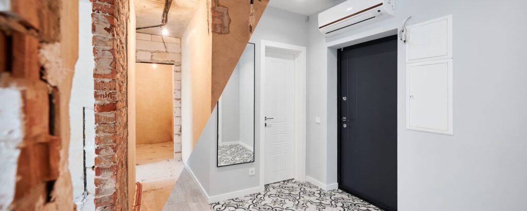 Corredor de apartamento a meio da obra e depois de renovado, lado a lado